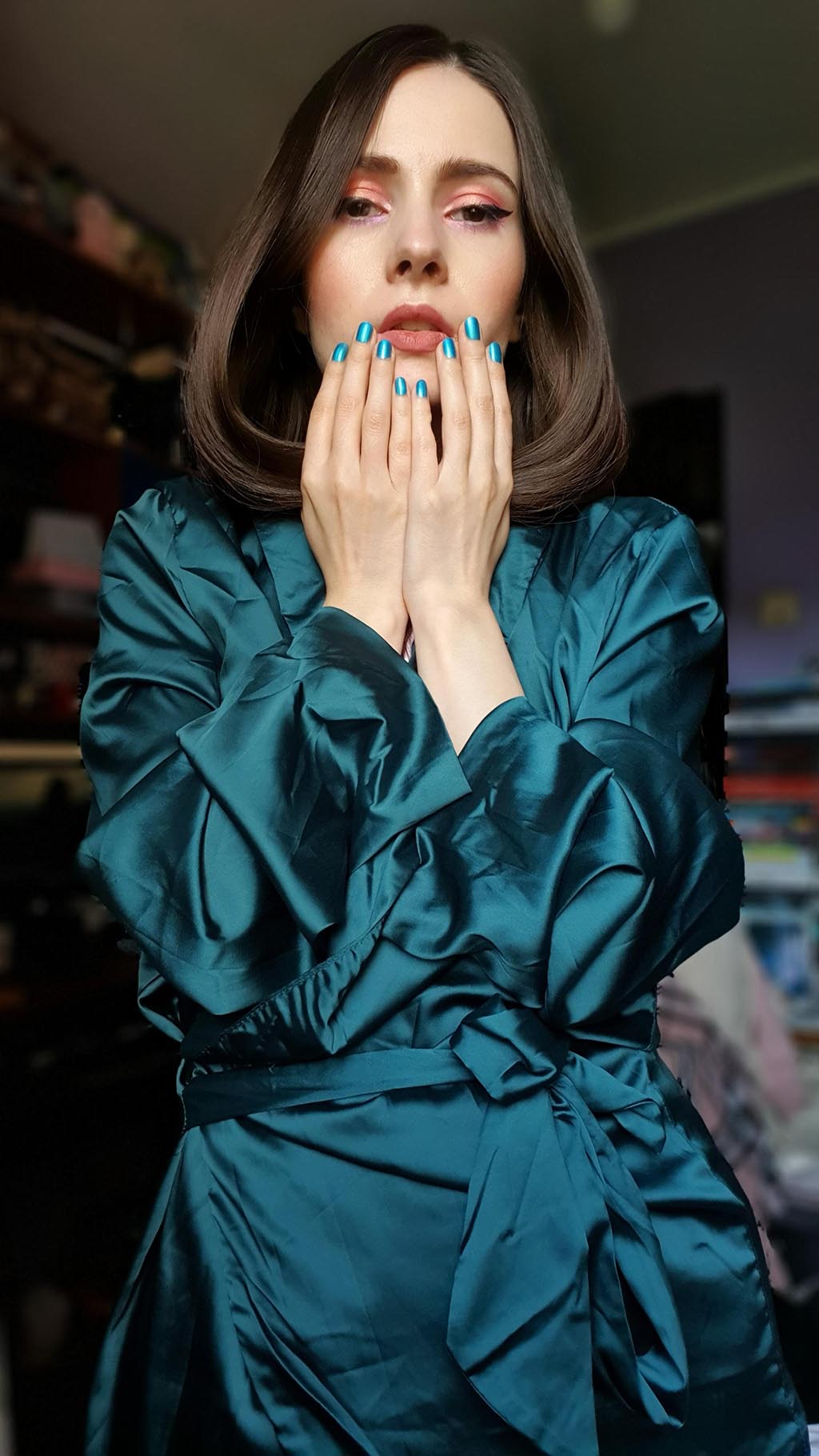 femme luxe haul haine de primavara Teal Satin Plunge Long Sleeve Wrap Detail Shirt